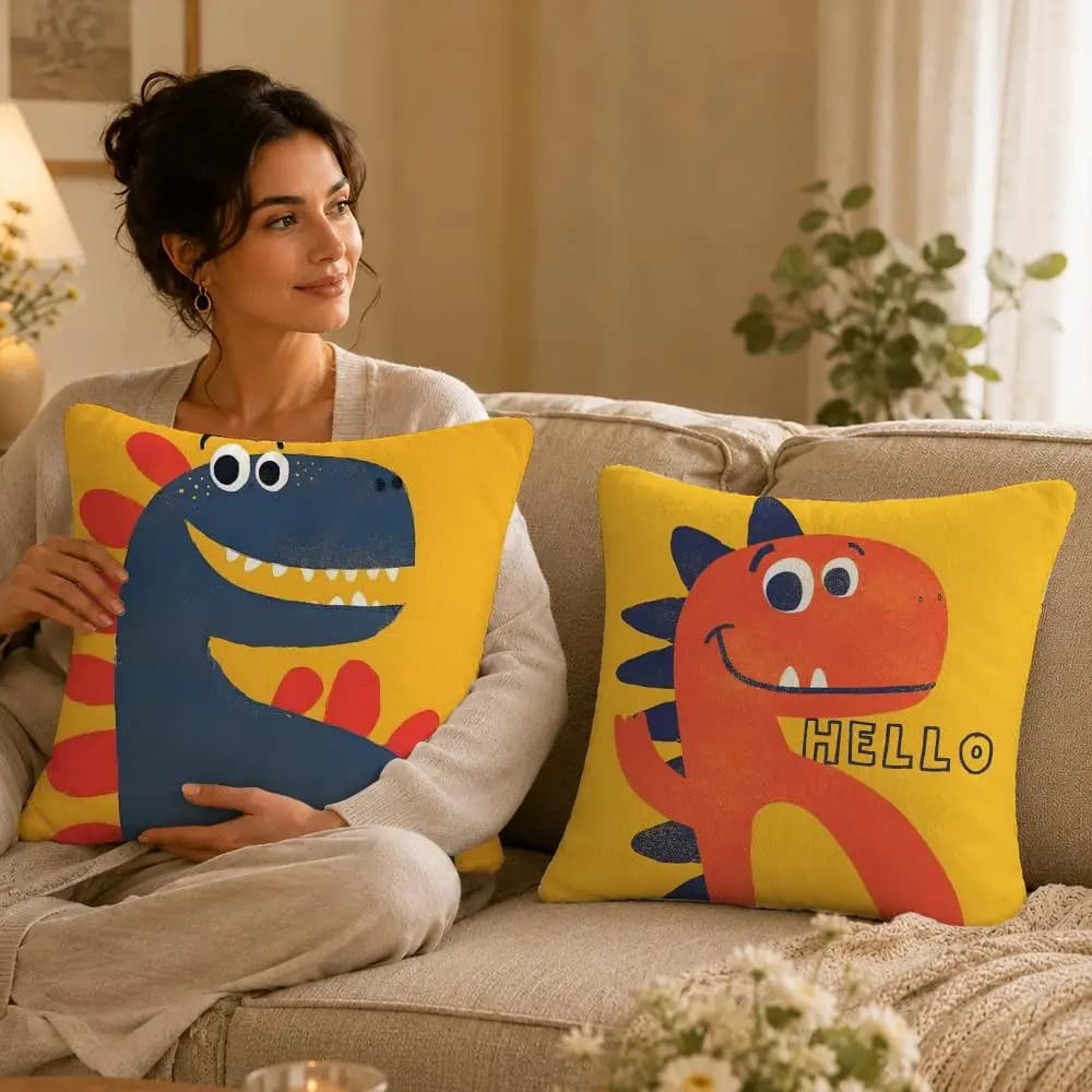 Cartoon C-Cartoon Dinosaur Cute Cushion Cover Soft Plush Pillow Cover Washable Square Cushion Case for Sofa Bed Chair Home