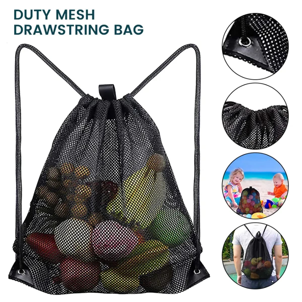 Borsa Portatile in Rete con Coulisse per Frutta e Verdura, da Spiaggia, per Vestiti Sporchi, con Tasca Posteriore a Cordino