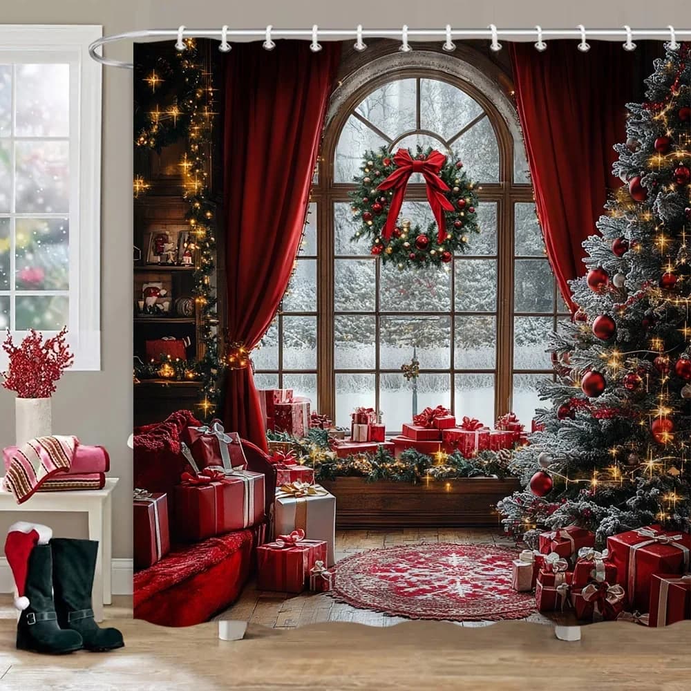 Regali di Natale Tenda da doccia Albero di Natale Foresta invernale Cedro Natura Paesaggio Casa Appeso a parete Bagno in tessuto