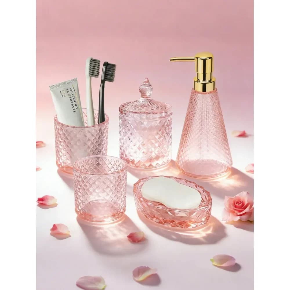 Set di Accessori da Bagno in Vetro Rosa, Include Dispenser Sapone a Triangolo, Porta Sapone, Porta Spazzolino, Bicchiere e Porta Bastoncini di Cotone