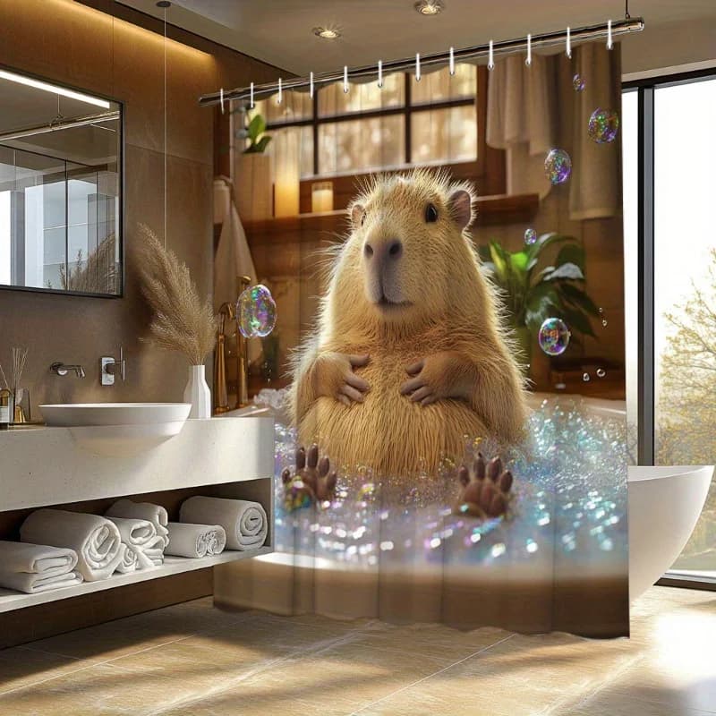 Tenda da doccia per vasca da bagno Capybara paffuta da 1 pezzo - CGI iperistico, bolle, espressione delicata, 70,8x70,8", poliestere, lavabile