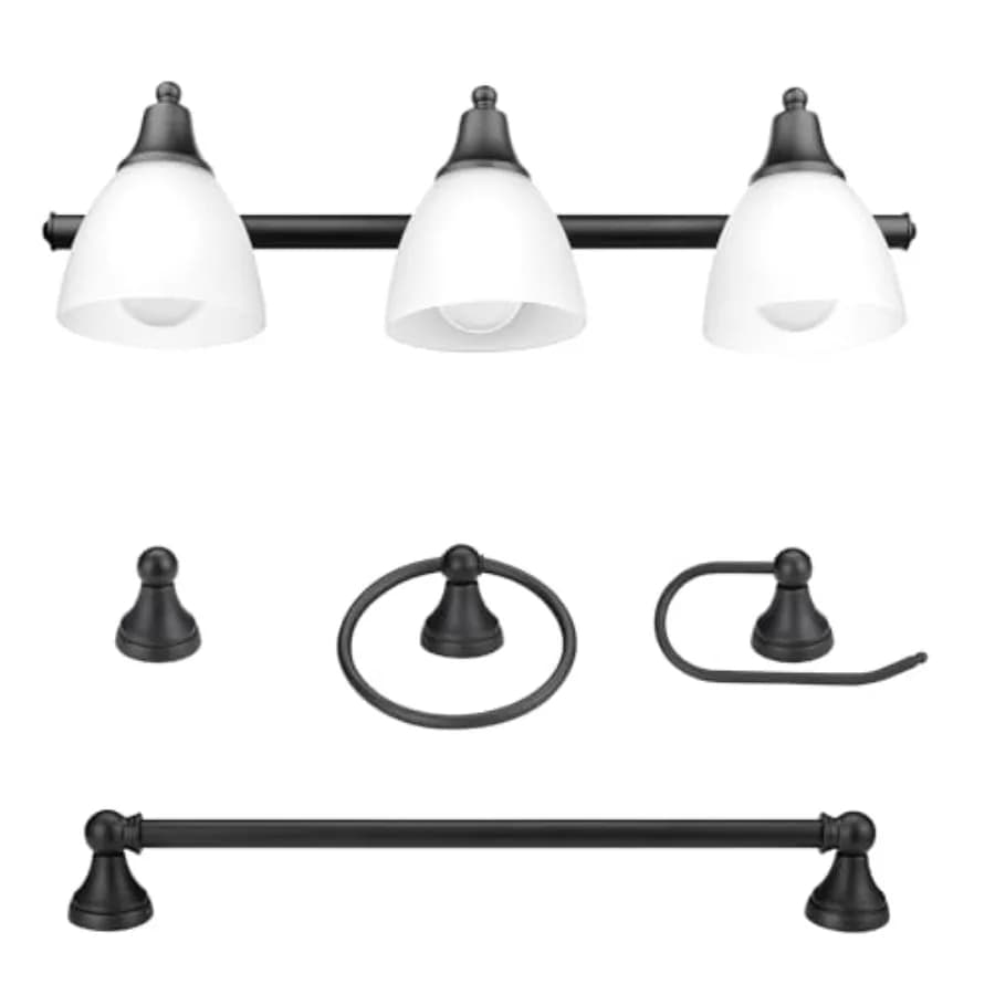 Set Bagno Completo 5 Pezzi Jayden 51227 in Bronzo Oliato con Lampada da Specchio a 3 Luci, Paralumi in Vetro Satinato, Porta Asciugamani e Toilette