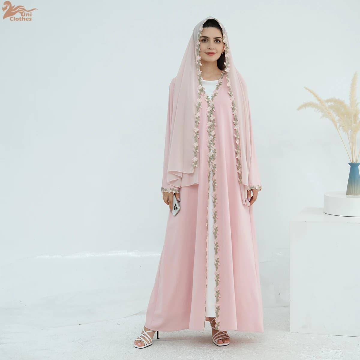 Abbigliamento Islamico 2025 per Donne, Set 2 Pezzi Cardigan e Abaya in Nida, Abito Estivo con Ricami Floreali e Hijab