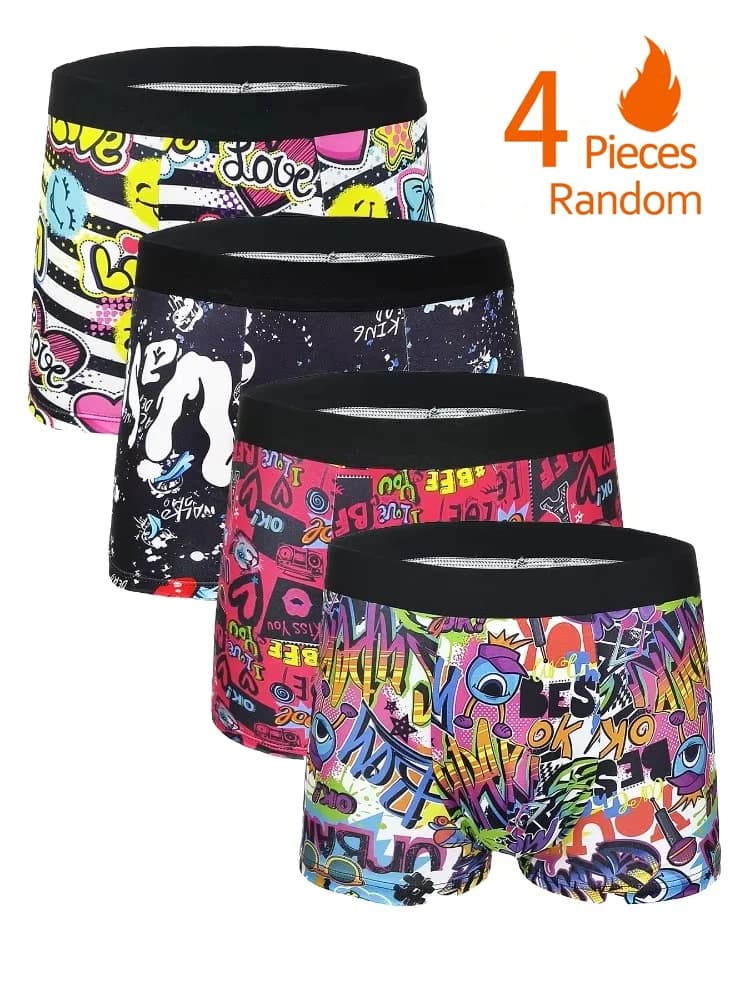 Random4PCS Men's Boxer Briefs Graffiti Art Print Black Waistband Underwear Set Soft Comtable Male Swim Underpants Sports Panties