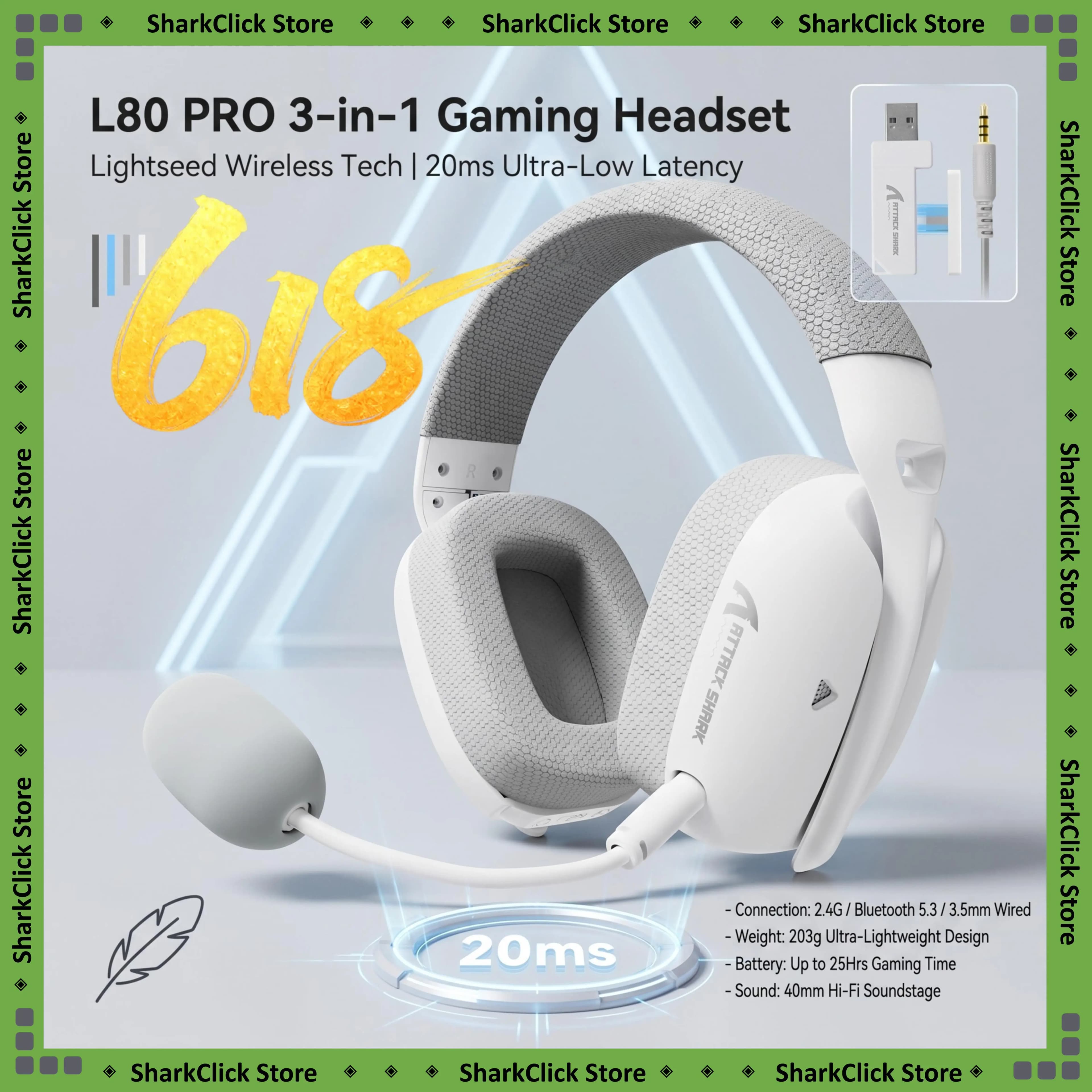 L80 PRO Tri-Mode 3-in-1 Gaming Headset 2.4G Wireless Bluetooth5.3 3.5mm Wired 20ms Ultra Low Latency Lightseed Wireless Tech