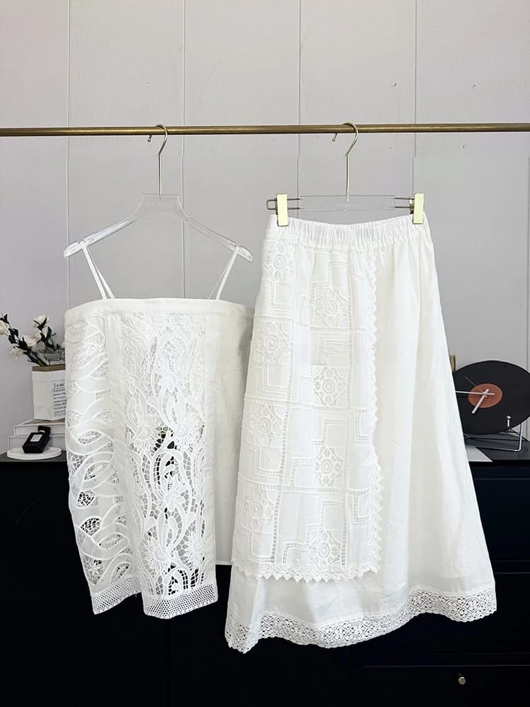Modeltear Zhou Meimei Irregular Hollow out Lace Patchwork Halter Skirt Set Fashionable Wedding Dress for Young Women