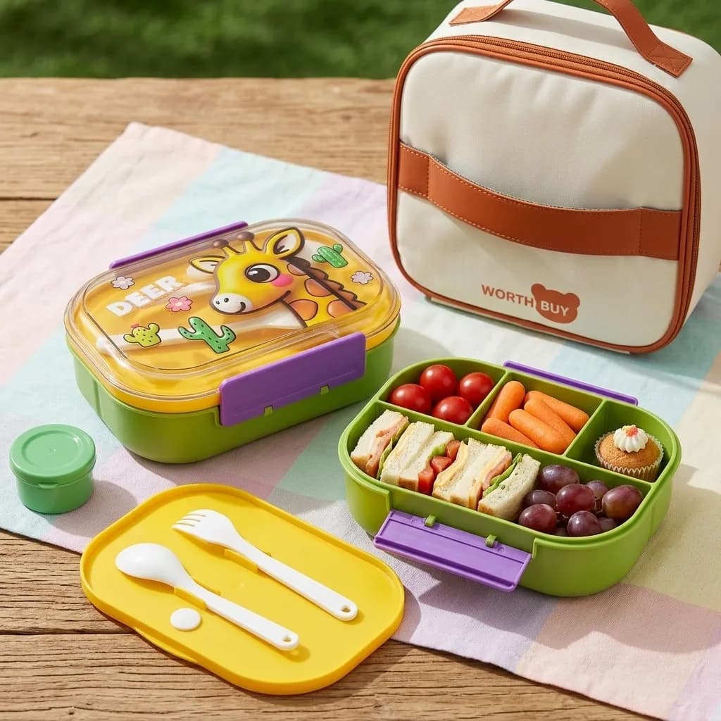 Portavivande per bambini in plastica, portatile, con scomparti, adatto al microonde, riutilizzabile, grazioso contenitore bento con forchetta, cucchiaio e scomparto per salsa, contenitore per alimenti per studenti