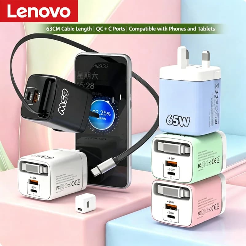Caricabatterie Lenovo PD65W con Cavo Retrattile, Ricarica Rapida, 1 PD 1 USB Multi-Porta, Caricatore da Viaggio, Colori Macaron EU