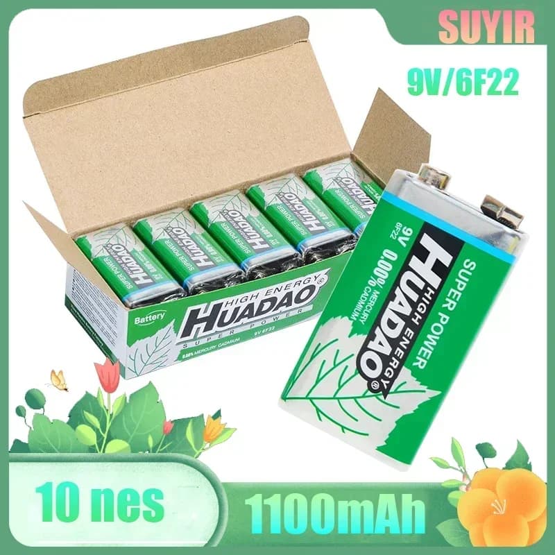 Batteria 9V 1100mAh, 10 Pezzi, Pila a Secco 6F22 9 Volt, Batteria al Carbonio Monouso per Microfono, Multimetro, Walkie-Talkie, Rilevatore di Fumo