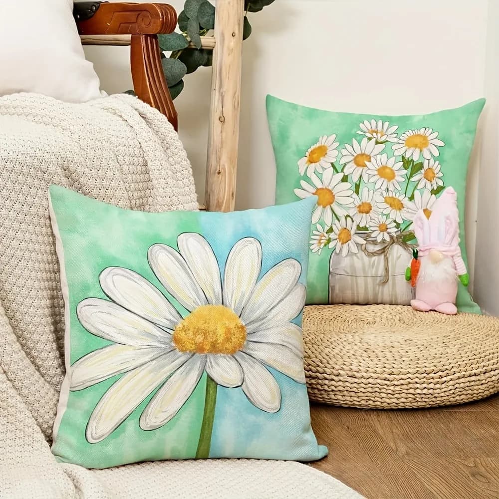 Set di 4 Federe Decorative con Motivo Margherita - Copricuscini in Poliestere con Cerniera per Camera da Letto, Soggiorno e Divano