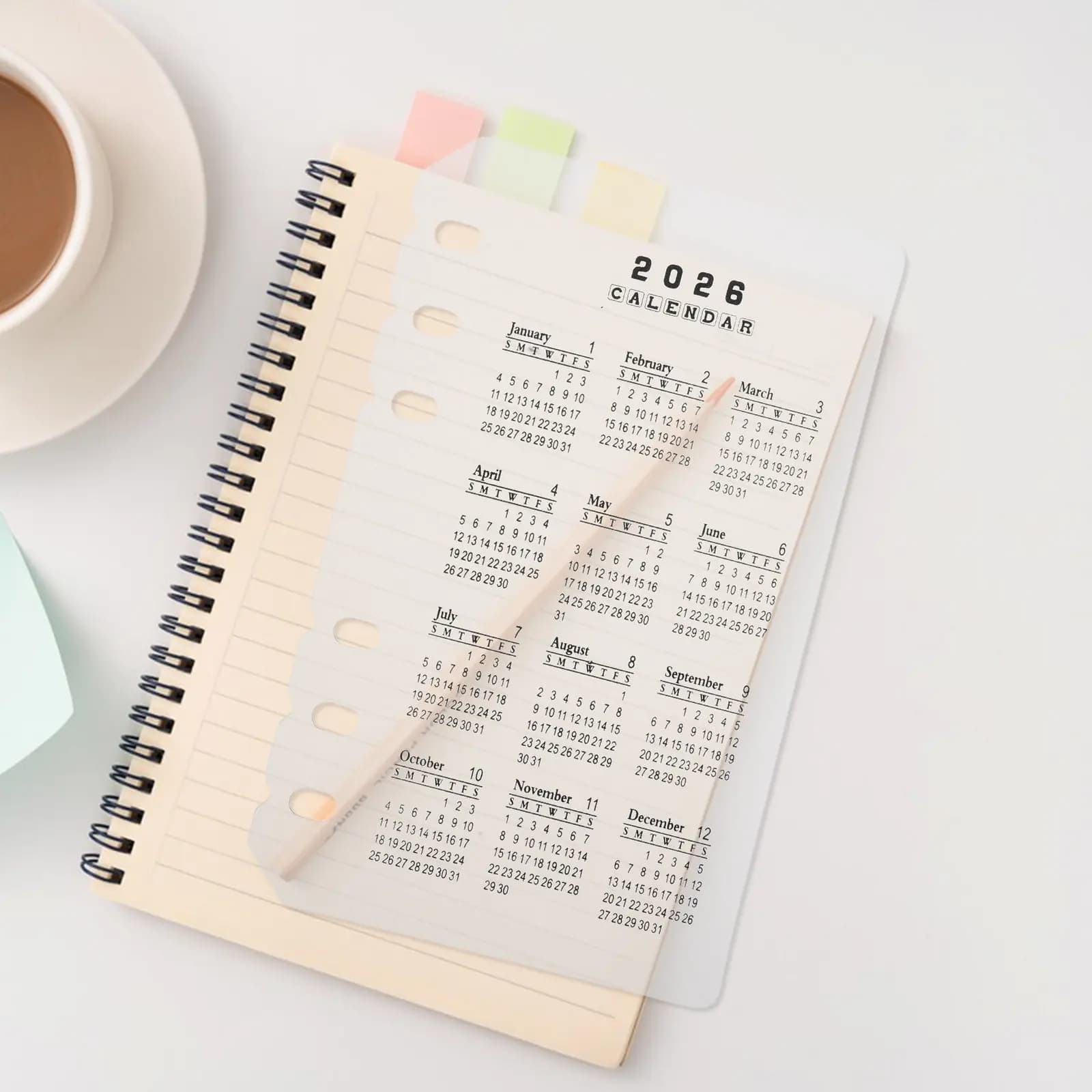 4 divisori per calendario in plastica satinata, inserti per agenda A6 ricaricabili a 6 fori, organizzazione delle date 2026, quaderno, forniture per ufficio