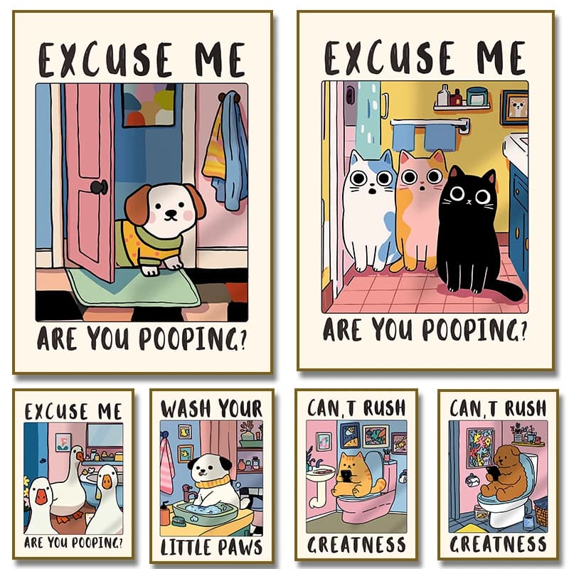 Scusa, stai cacando? Poster divertente cane gatto, animali domestici, lava le tue zampe, quadro su tela, decorazione da parete, immagine per bagno e casa