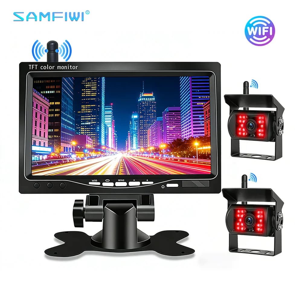 Telecamera di Retromarcia Wireless AHD con Monitor da 7 Pollici, Registratore HD 720P con Visione Notturna IR, Telecamere WiFi per Autobus, Auto, Camion, Pickup