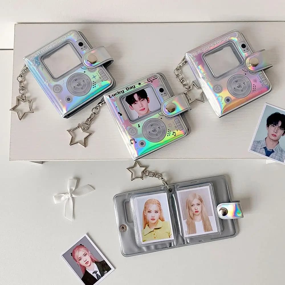 Kawaii Hollow Color Photo Album Mini Silver Photo Card Holder with Keychain Kpop Photocard Binder Idol Photocard Collect Book