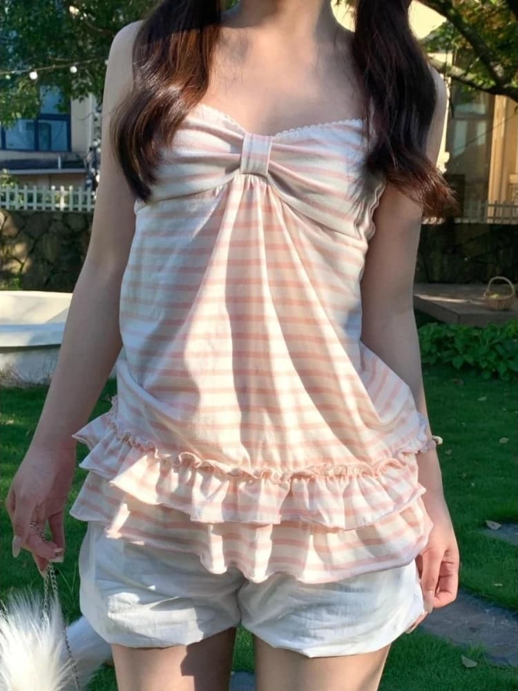 Deeptown Japanese Sweet Camis Women Kawaii Striped Pink Bow Sleeveless Vest Coquette Fashion Cute Summer Slim Up Ruffles Tanks