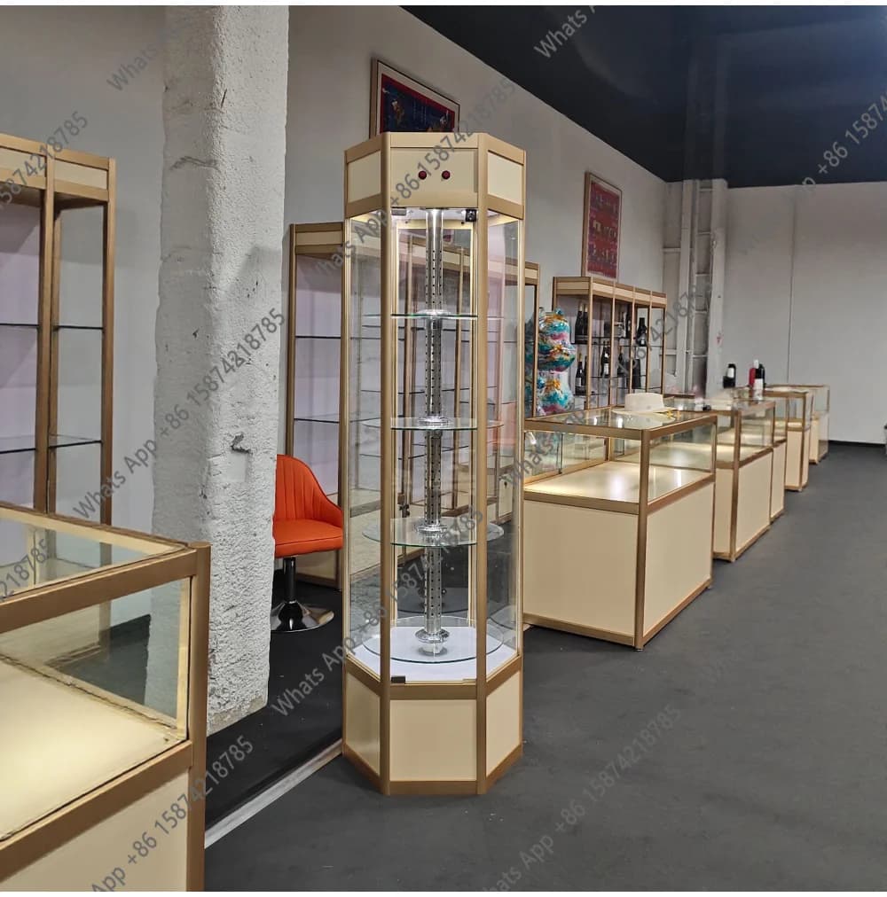 Vetrina Esagonale Rotante Elettrica per Banche, Espositore in Vetro Trasparente per Showroom, Mobile Rotondo per Vini Rossi