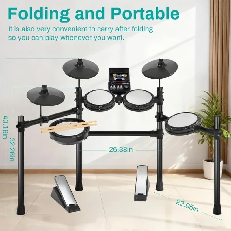 Set di Batteria Elettronica Professionale con Pad in Mesh, 260 Suoni, 30 Kit, 20 Brani, con Bacchette, Cuffie e Sgabello