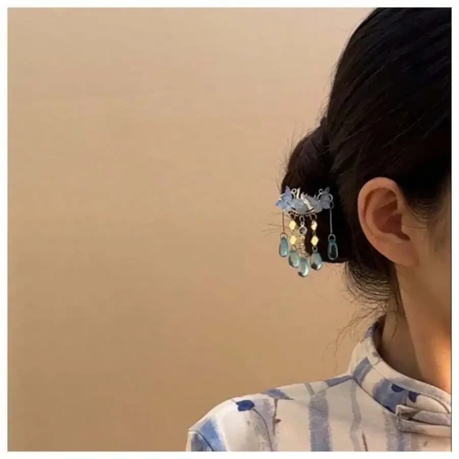 Traditional Chinese Hair Comb For Hanfu, Blue Tassel Bun Pin, Ming Dynasty Style Handmade