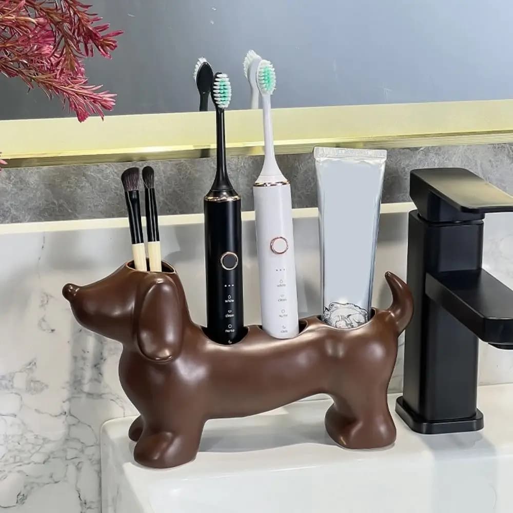 Portaspazzolino in Ceramica a Forma di Bassotto, Salvaspazio, Decorativo, per Spazzolino Elettrico, Simpatico Portaspazzolino a Forma di Cane