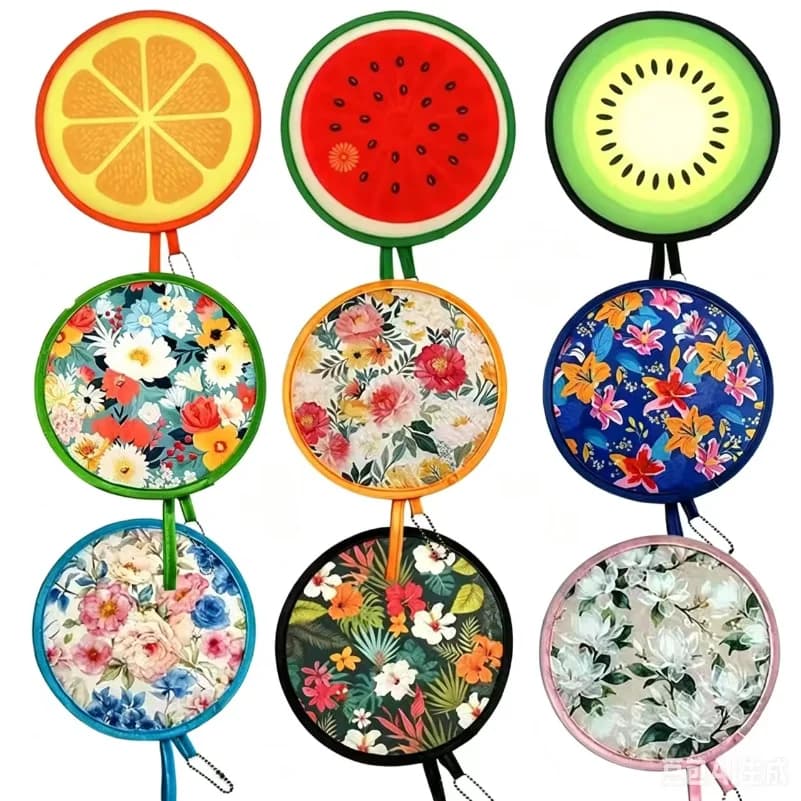 Fruit & Japanese Oil Painting Style Foldable Handheld Fan Mini Round Pocket Cooling Fan For Summer Daily Outdoor Travel Party