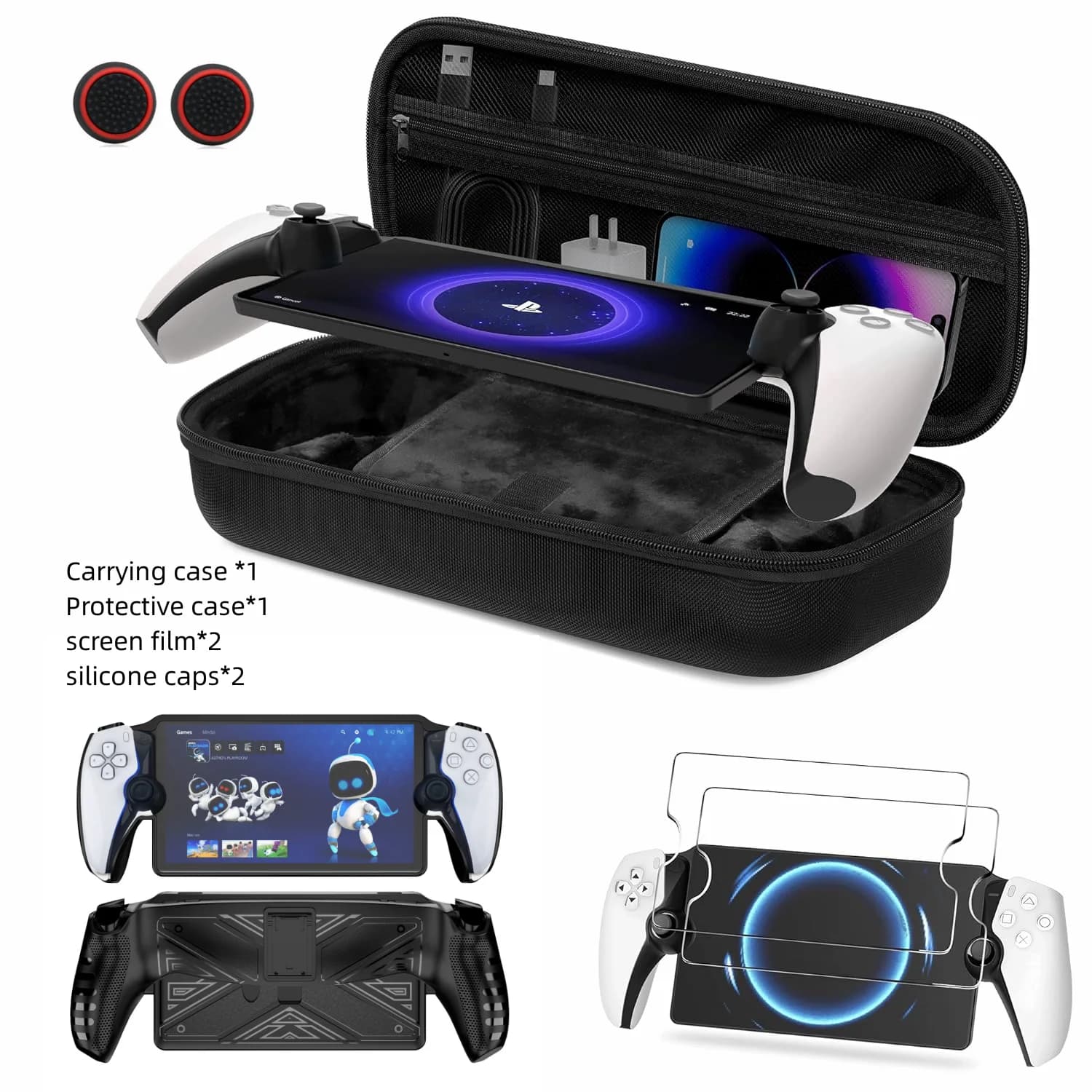 Custodia da trasporto per portale PS Custodia rigida Custodia protettiva Pellicola temperata Cappucci per levette Kit di accessori per giochi per portale PS