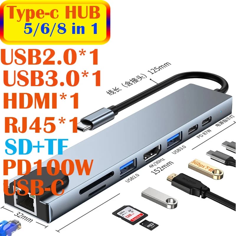 Tipo-C Dock USB C Hub 3.0 Splitter Adattatore multiporta 4K 30Hz HDMI RJ45 PD100W per laptop MacBook Ipad Huawei