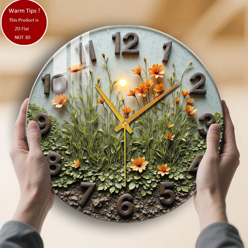 Tempered Glass Wall Clock Flowers Grass Sun Suitable for home or table room wall decoration Display anywhere