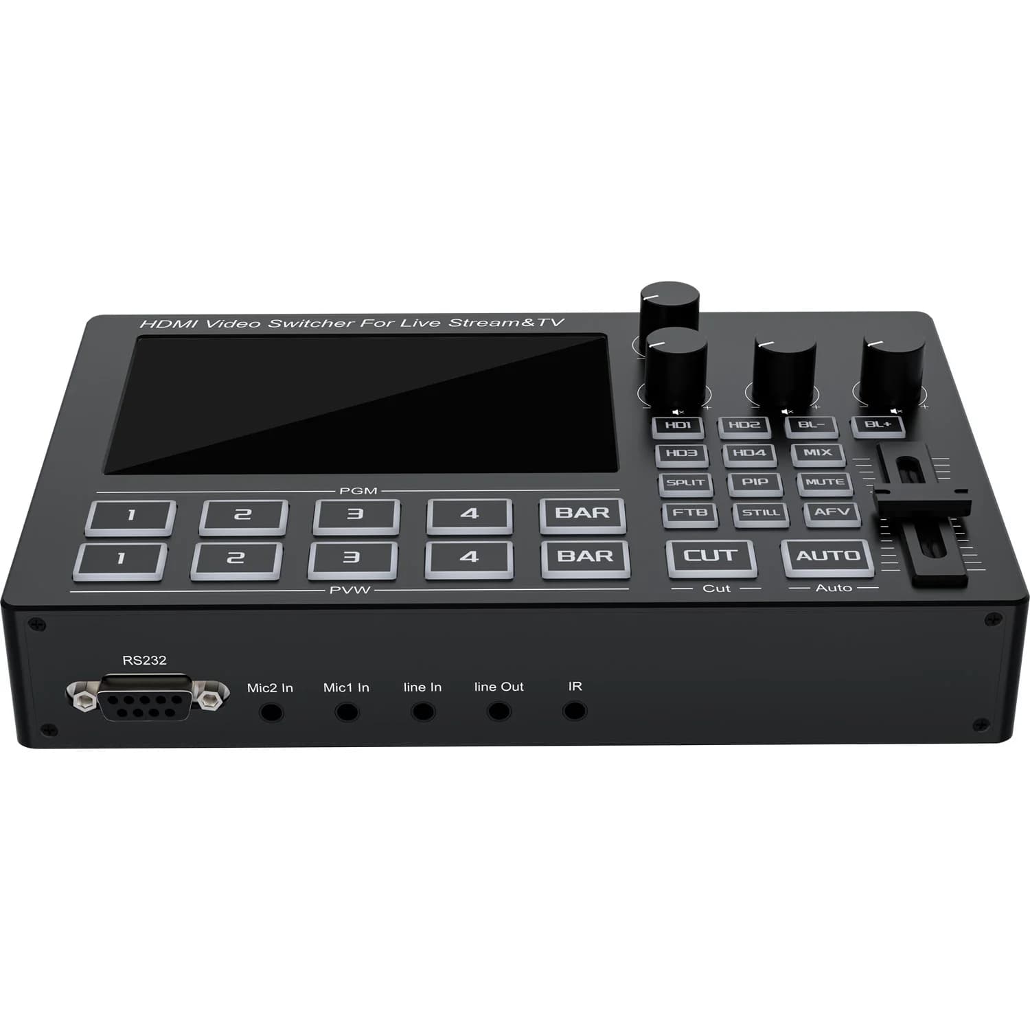 Mixer Video 1080P con Schermo da 5 Pollici, 4 Canali HDMI, Supporto per Streaming Live, Ingresso Audio Mic Line, Mixaggio e Registrazione Video