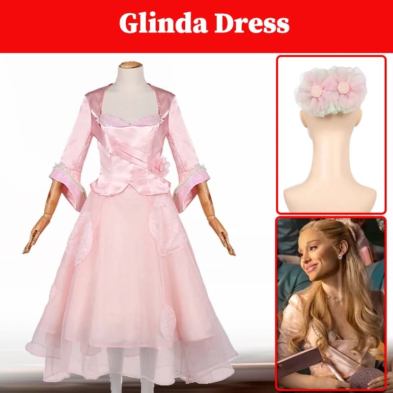 Wiked 2 Glinda Dress Pink Cosplay Costume Cover Clothing Earrings Set Women Lace Dress Gonne Ball Dress Halloween Party Dress