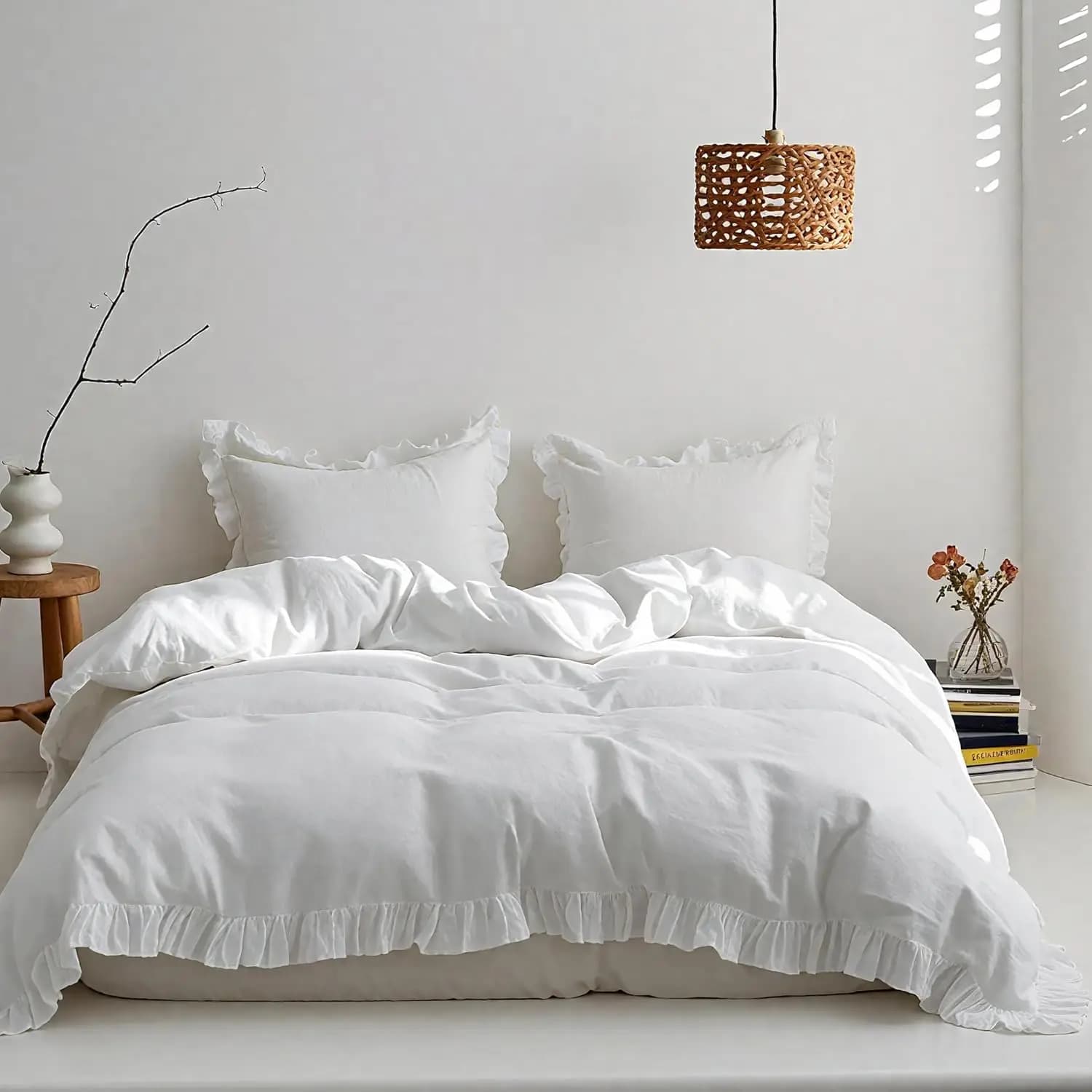 Set Copripiumino 100% Lino King Size 3 Pezzi Bianco con Volant e Federe