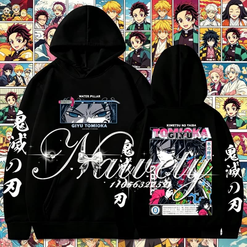 Felpa con Cappuccio Demon Slayer Giyu Tomioka, Autunno Inverno 2026, in Cotone, Casual, Sportiva, Calda, Streetwear per Uomini, Donne e Bambini
