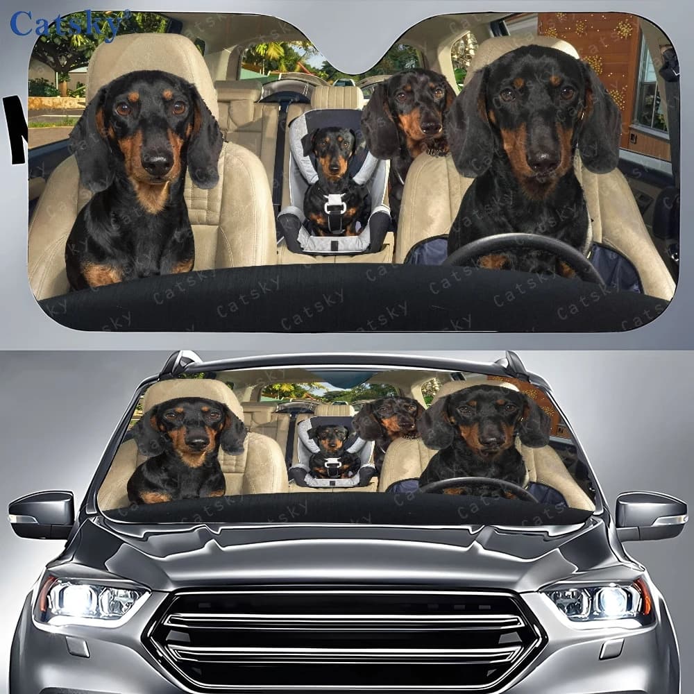 Car parasol with dog image sitting in the back seat, front window sunshade, car sun protection