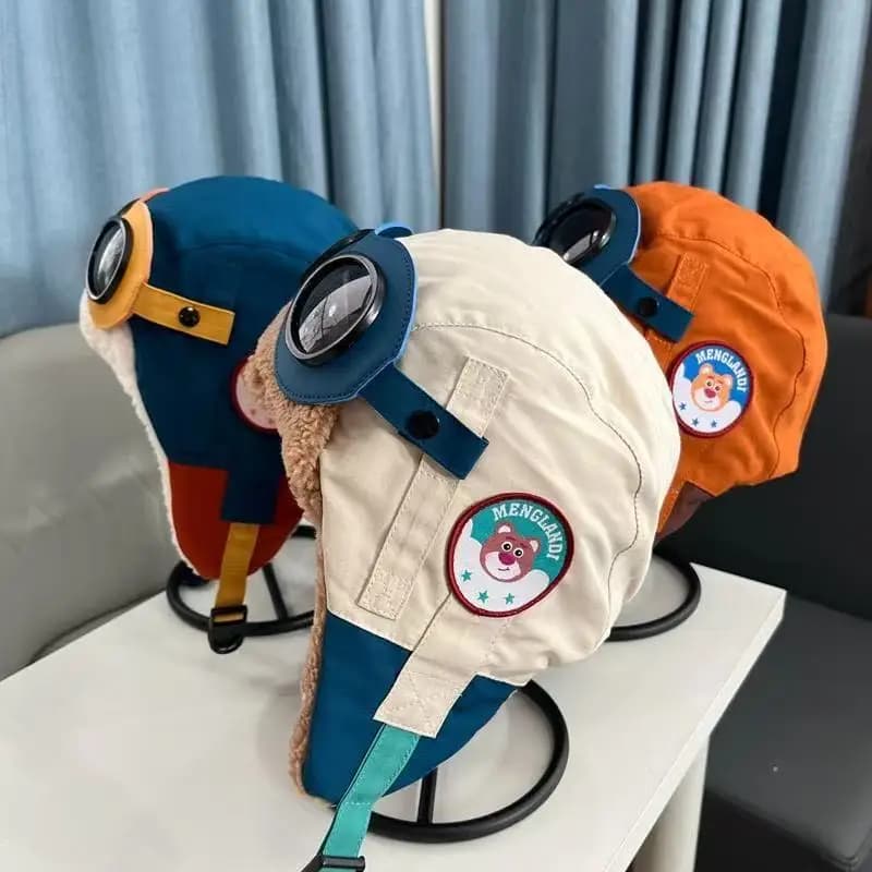 Protezione per le orecchie Cappello da pilota in peluche per bambini caldo Carino con occhiali Cappello con paraorecchie per bambini Cappello Lei Feng morbido addensato antivento