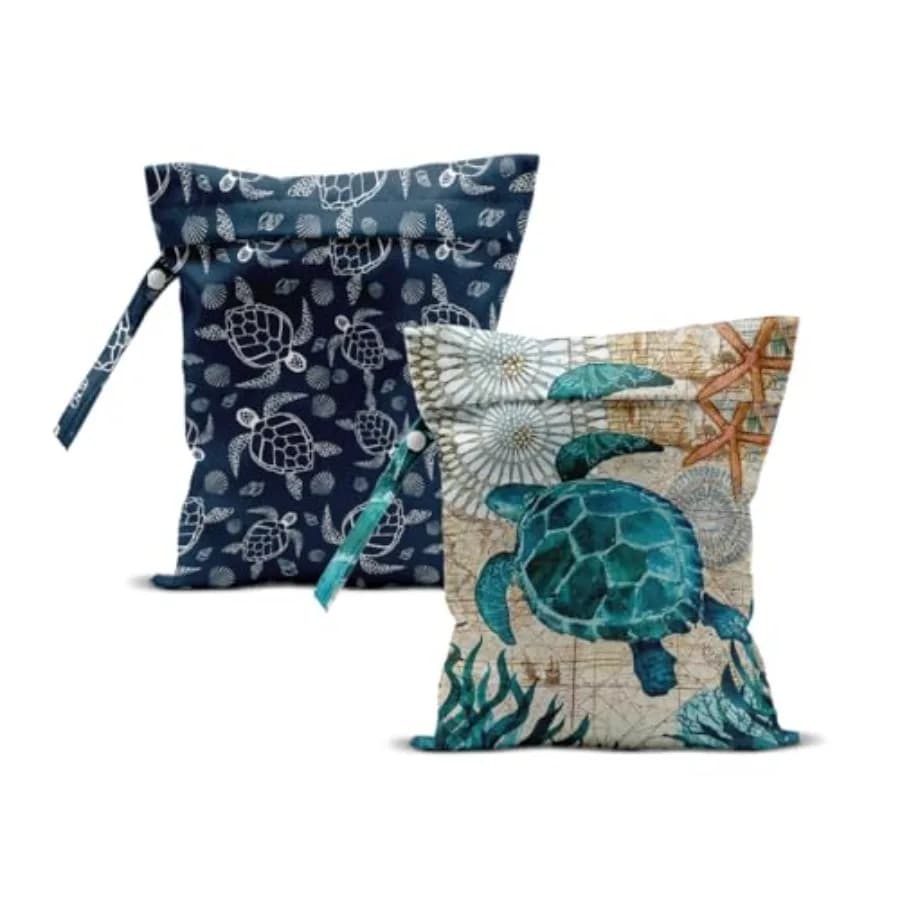 2Pcs Turtle Wet Bag 12x10 Inch, Starfish Waterproof Reusable Wet Dry Bags, Sea Weed Washable Travel Laundry Bags for Swimsuit B