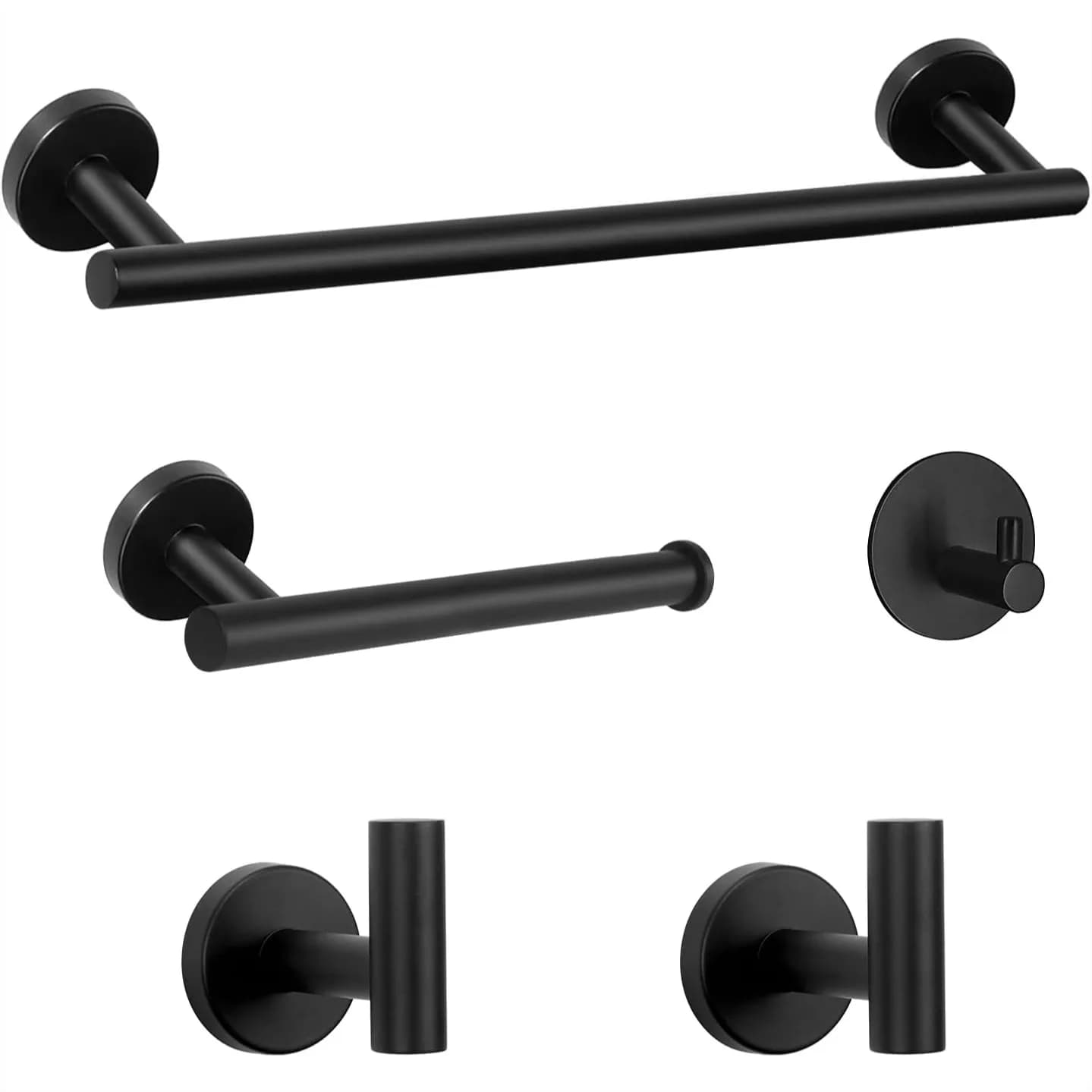 Set di 5 Pezzi in Acciaio Inox per Bagno con Portasciugamani, Portarotolo e Ganci, Finitura Nero Opaco