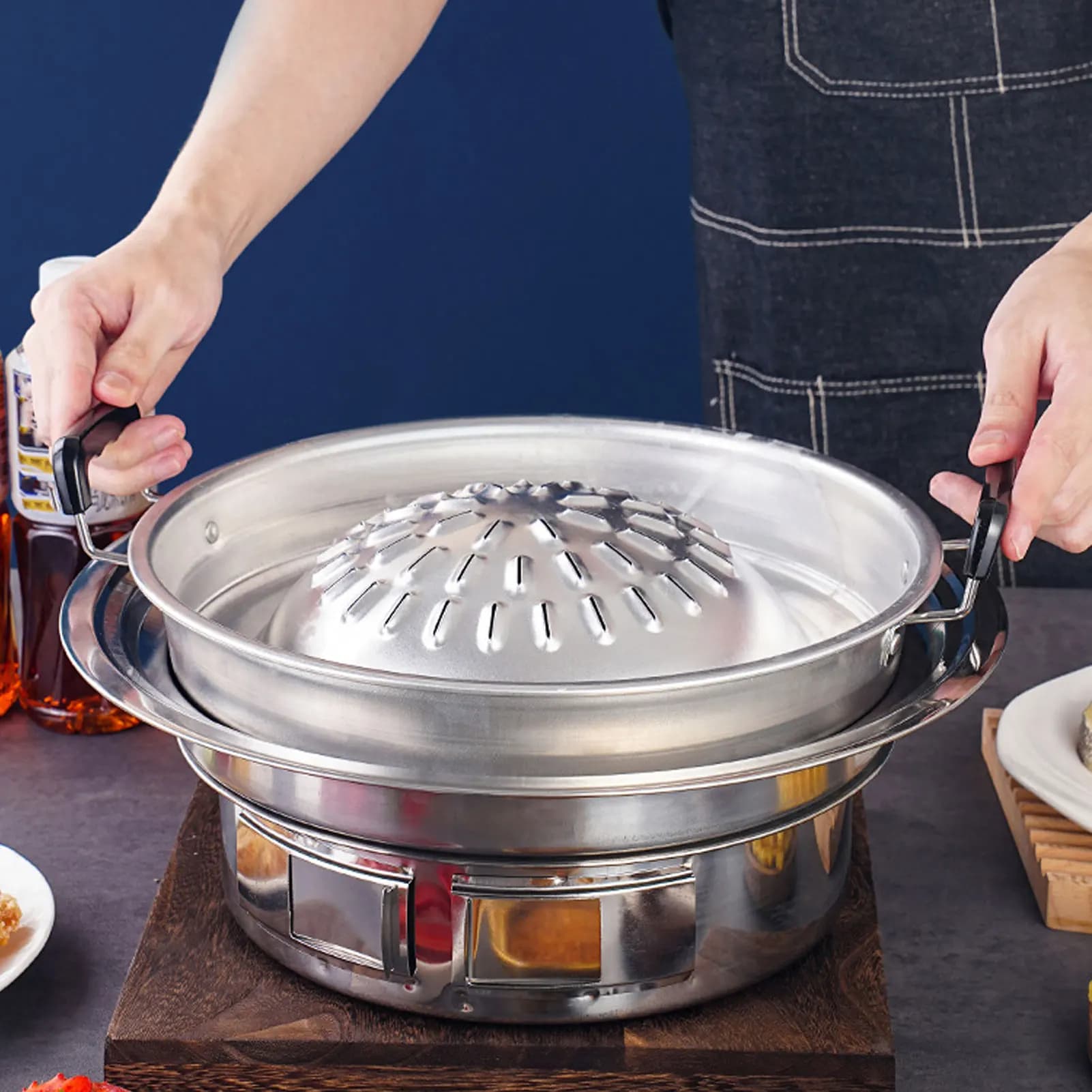Thai BBQ Grill Pan 2 in 1 Non Stick Even Heating Aluminum Hot Pot Grill Charcoal Pan for Indoor Outdoor Thai BBQ Grill Pan