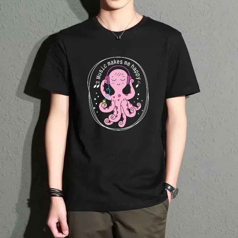 Men's Black Round-Neck Short-Sleeved T-Shirt, Fun Octopus Music Print Top, Casual Street Style Versatile Style, Comfortable and Breathable for Everyday Outings