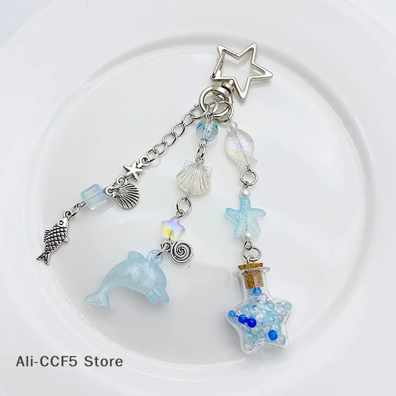 Ciondolo Bottiglia dei Desideri con Delfino Marino Stile Y2K, Portachiavi con Conchiglia e Stella, Decorazione per Borsa da Ragazza, Ornamento per Zaino