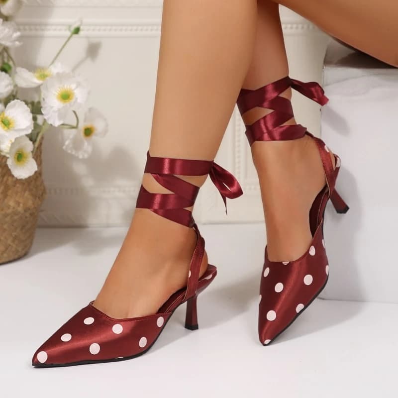 Polka Dot Satin Ankle Wrap Women Sandals Fashion Pointed Toe Singbacks Mules Shoes Elegant Wedding Party Ladies Dress Sandalias