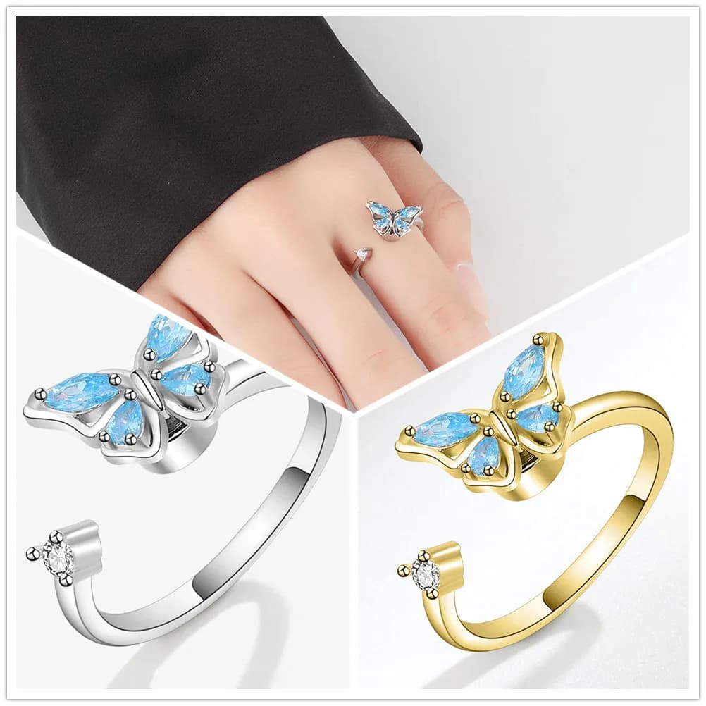 Anello rotante per alleviare l'ansia in cristallo con bella farfalla per ragazze Spinner in metallo Fidget Anello rotante antistress Anillo Antiestres