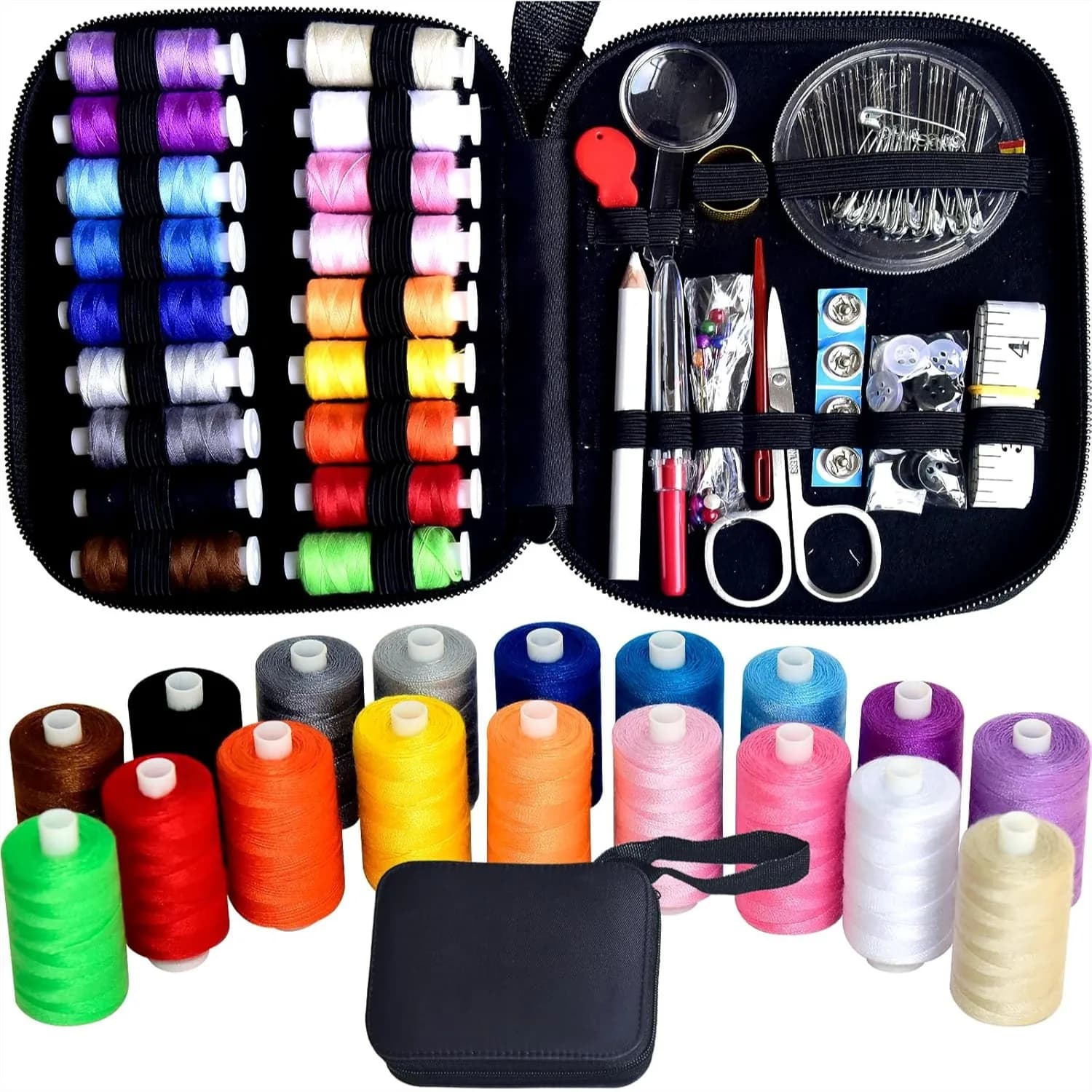 Kit da Cucito Portatile con Custodia - 18 Colori di Filo, Forbici, Aghi e Altro per Casa, Viaggi e Riparazioni di Emergenza