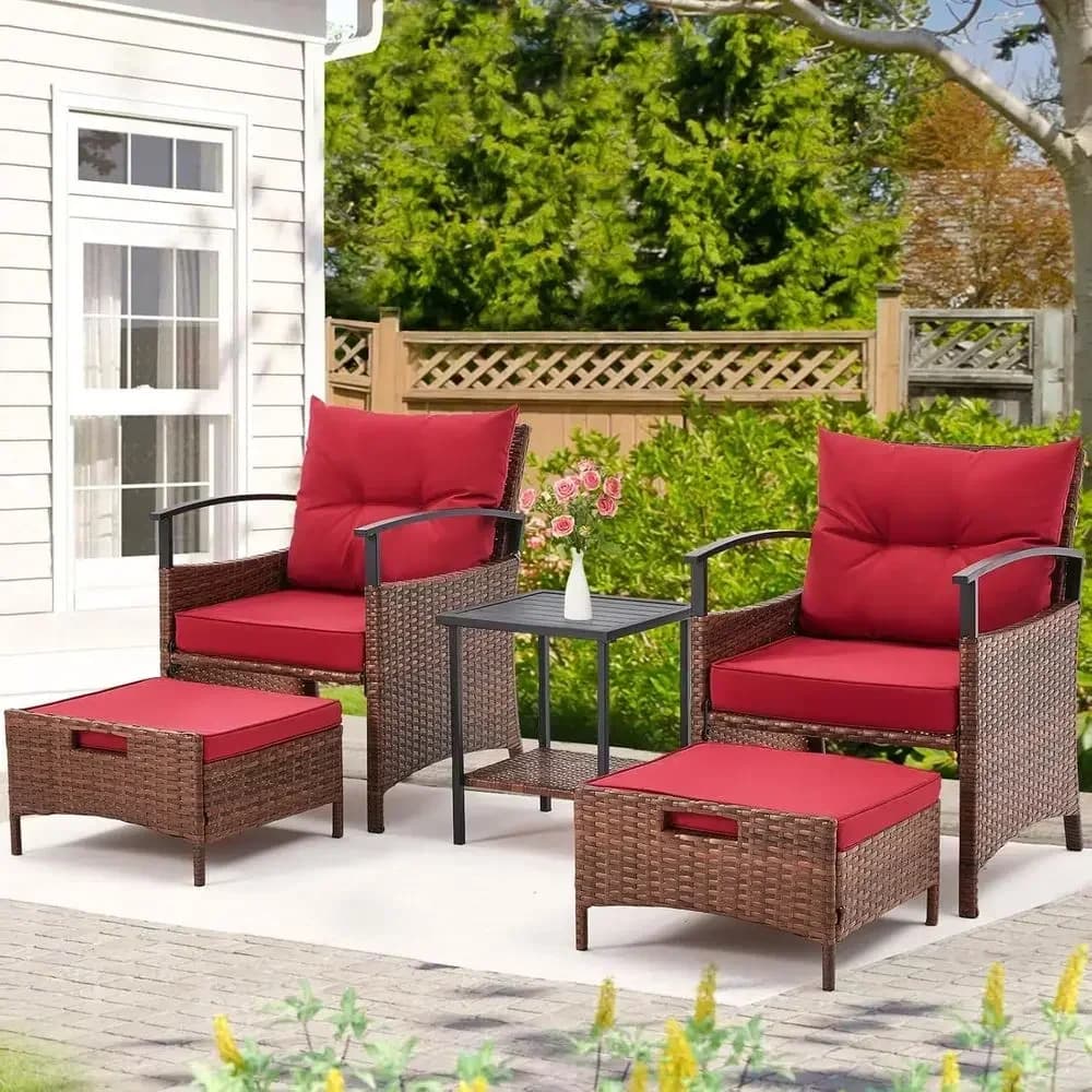 Red 5-Piece Outdoor Patio Furniture Set: Rattan Chairs, Metal Coffee Table, Ottomans, and Seat Cushions for Garden, Porch, Deck,