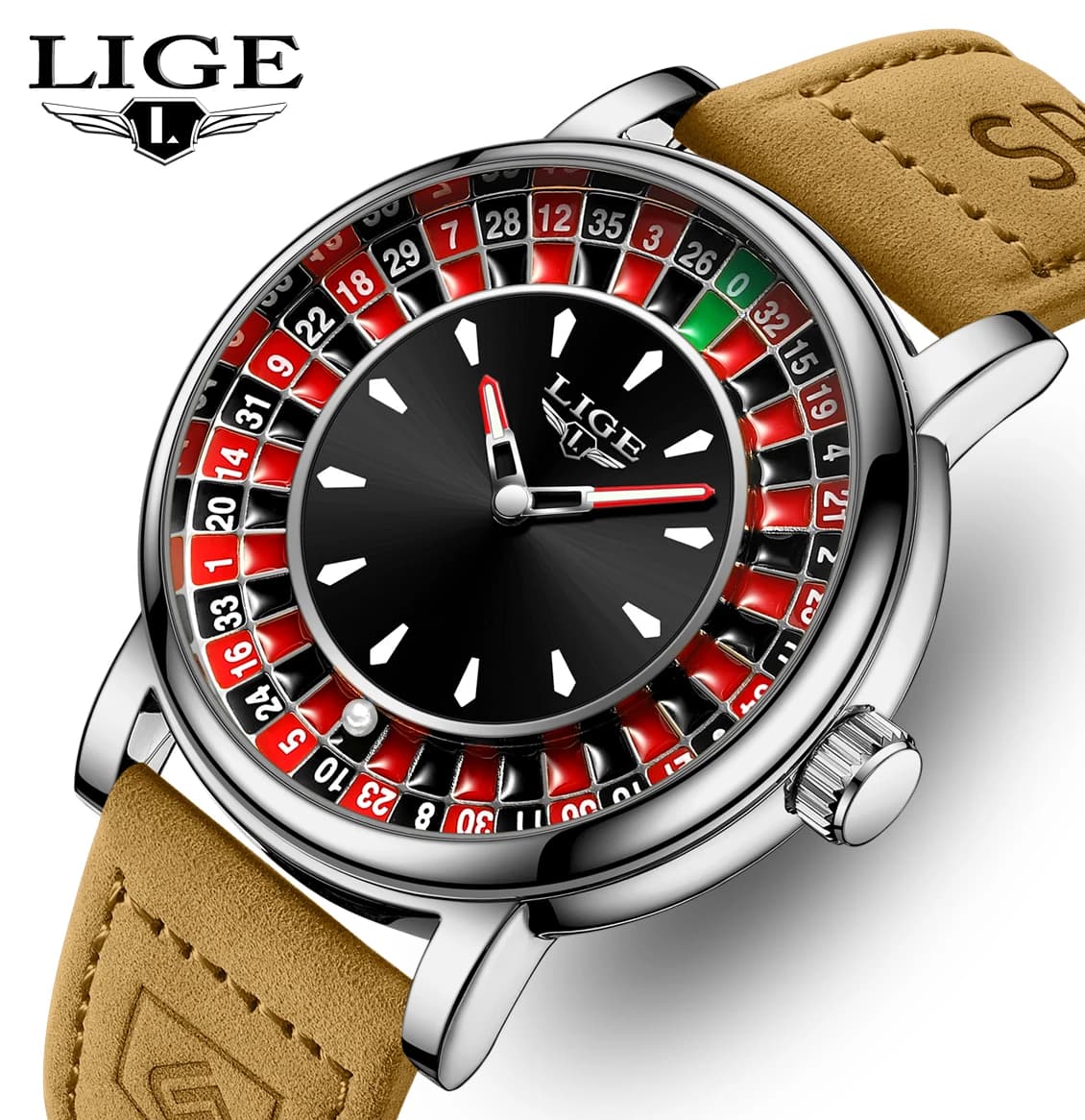 LIGE Men's Watch at Quartz, Luxury Design with Roulette Theme Dial, Leather Strap, Waterproof, Casual, Men's Gift + Box