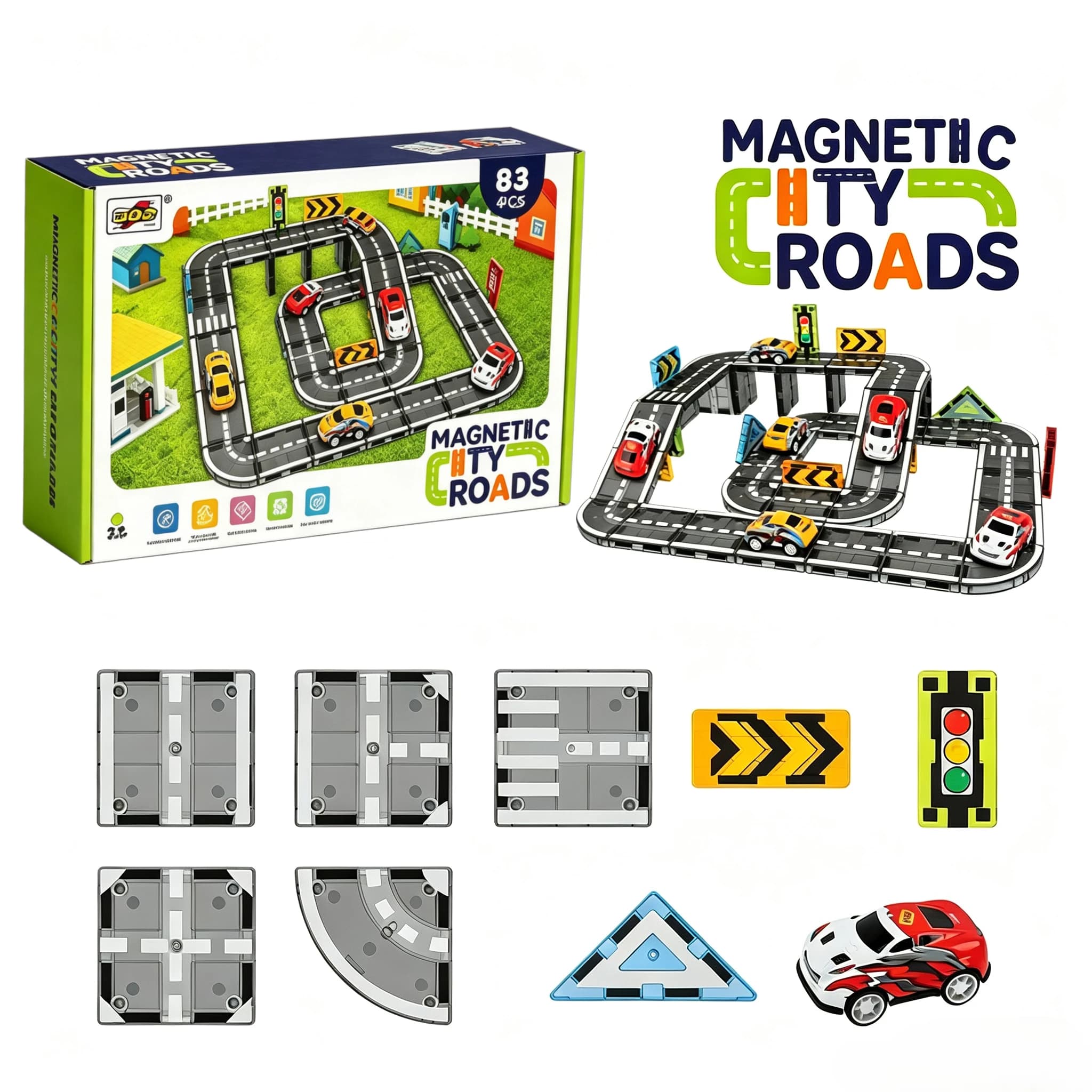 83Pcs Colorful Magnetic City Road Tiles, traffic building blocks, interactive educational assembly toy gift for parent-kid play