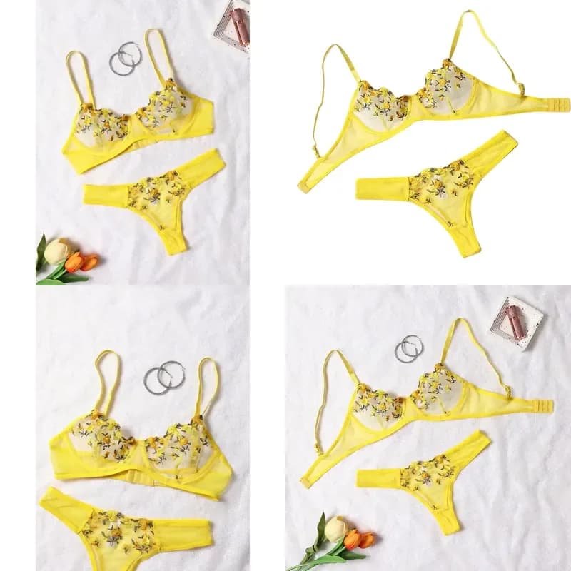 Women Sexy Lace Lingerie Set Push Up Semi Sheer Bra And Panty Female Erotic Underwear Flower Embroidery Bralette