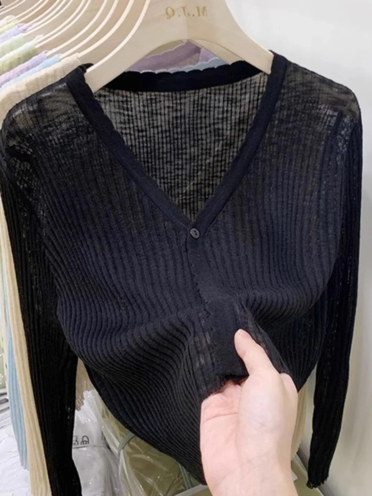 Black V-Neck Long Sleeve Thin Knitted Jacket Women's Summer New Style Korean Slim Short Length Strap Vest Top Outerwear
