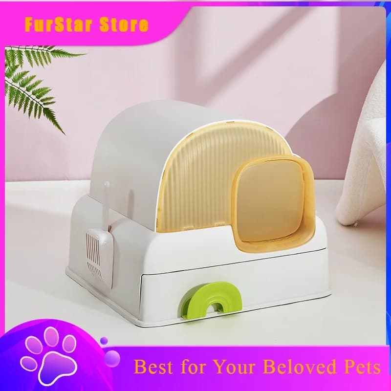 FurStarTop New Large Cloud House Fully Enclosed Drawer Cat Litter Box, Odor Control Anti-Splash Easy Clean Kitty Toilet For Indo