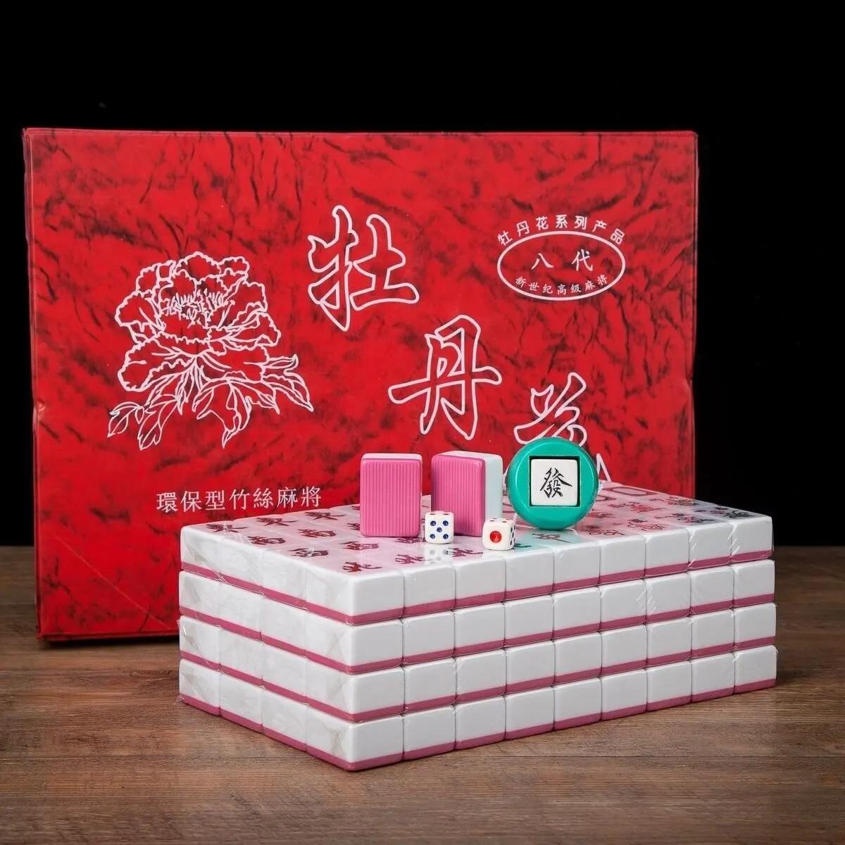 Set Tradizionale di Mahjong Cinese 144 Pezzi Più 2 Pezzi di Ricambio Rosa