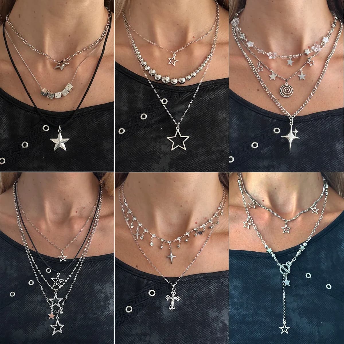 Collana con ciondolo a stella brillante in stile hip hop, collana a strati alla moda con catena di strass a forma di stella a cinque punte.