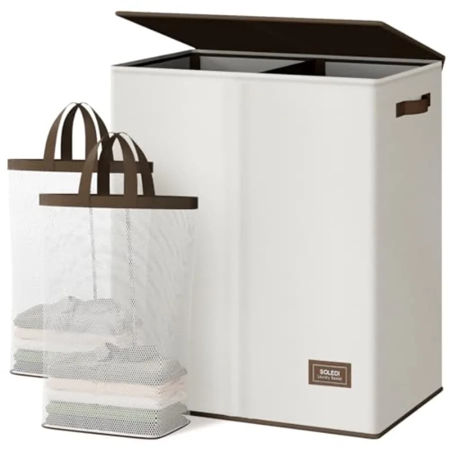 Luxury double linen basket with removable cover and bags, large linen basket, 2 sections, folding, for dirty linen